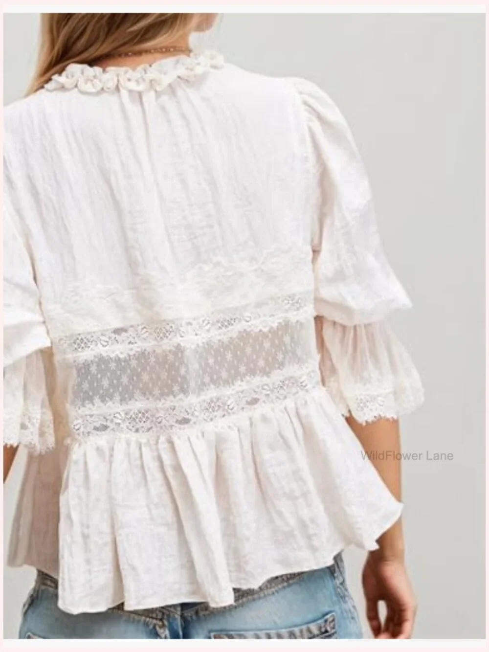 Tie Front Ruffle Boho Lace Crop Top Sheer Y2k Peasant Blouse Cute Going Out - Picture 2 of 5